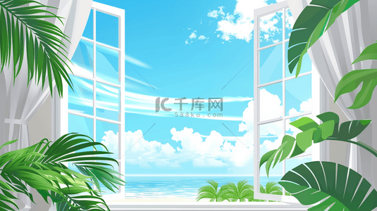 椰子树素材背景图片_夏天海边大窗海景海边场景素材