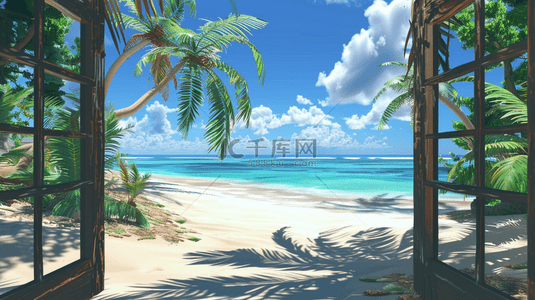 椰树海边背景背景图片_夏天海边打开的窗框夏天海景背景素材