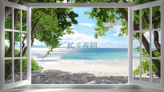 沙滩海边椰子树背景图片_夏天海景海边大窗海边场景图片