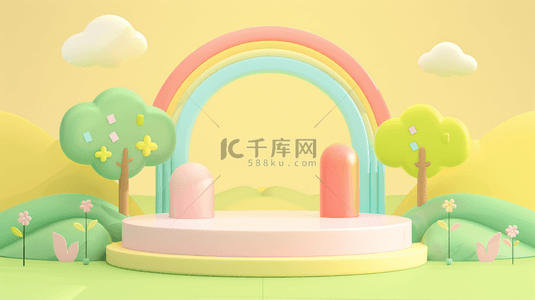 六一儿童节促销清新黄色3D彩虹展台设计图