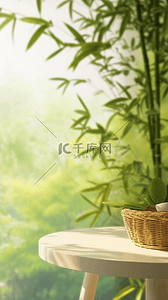 户外中式背景图片_端午节中式竹林桌上的空竹筐图片