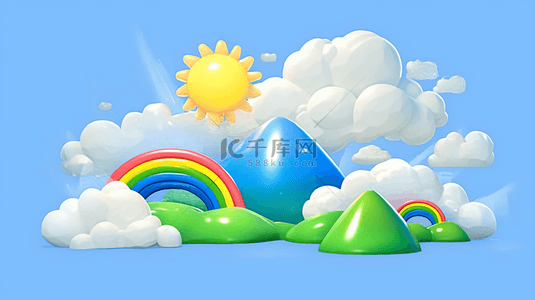 C4D卡通夏日太阳彩虹白云背景