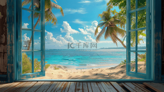 夏日海滩椰树背景图片_夏天海边打开的窗框夏天海景图片