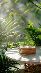 端午节中式竹林桌上的空竹筐背景图