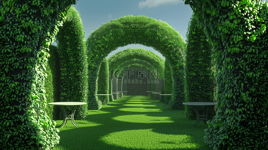 夏日3D树篱植物景观场景概念空间背景