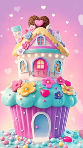 饮品背景背景图片_六一儿童节卡通粉彩3D冰淇淋小屋子图片