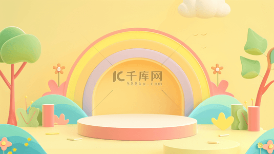 大屏边框素材背景图片_六一儿童节促销清新黄色3D彩虹展台素材