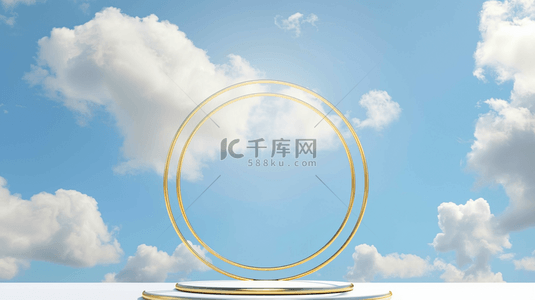 电商公司宣传折页背景图片_夏日3D电商云朵里的金色圆展台背景