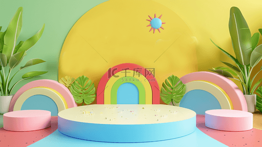 六一儿童节促销清新黄色3D彩虹展台背景