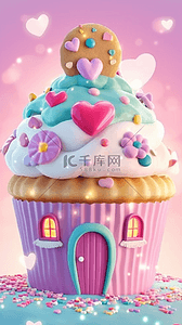 可爱冰淇淋背景图片_六一儿童节卡通粉彩3D冰淇淋小屋子图片