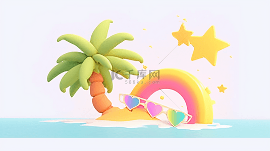 可爱活泼的线条背景图片_可爱3D夏天戴着墨镜的太阳和彩虹设计图
