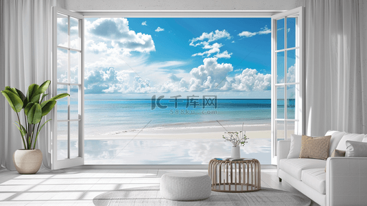 蓝天沙滩海边背景图片_夏天海景海边大窗海边场景图片