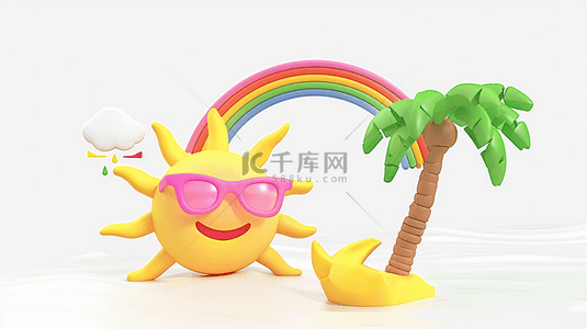 可爱3D夏天戴着墨镜的太阳和彩虹背景图