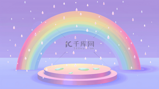 夏日云朵背景图片_儿童节柔和粉紫色彩虹雨卡通3D展台设计图