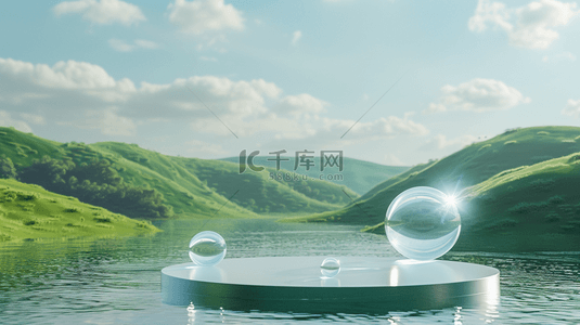 夏日促销清新背景图片_清新夏日户外空间长虹玻璃3D圆球设计