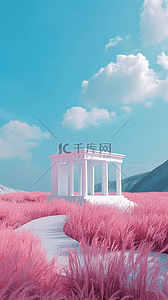 蓝粉色概念空间海滩上的白色希腊亭子素材
