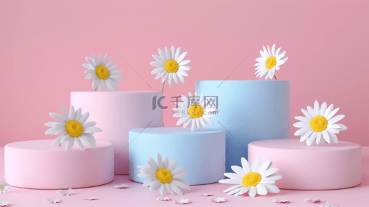 柔和粉彩白色雏菊3D产品展示台背景素材