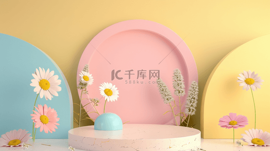 鲜花背景素材背景图片_柔和粉彩白色雏菊3D产品展示台背景素材