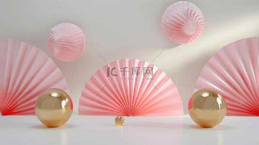 扇子展台背景图片_618粉白色中式扇子产品展示台设计图