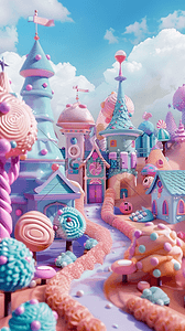 糖果屋里的糖果背景图片_六一儿童节粉彩卡通3D糖果城堡背景