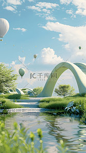 3D夏天户外拱桥热气球电商场景背景
