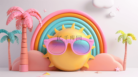 彩虹太阳背景图片_可爱3D夏天戴着墨镜的太阳和彩虹背景图