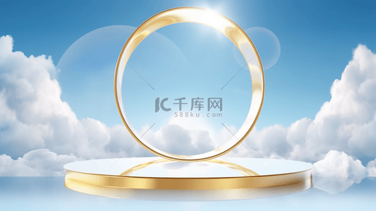 电商公司宣传折页背景图片_夏日3D电商云朵里的金色圆展台背景图片