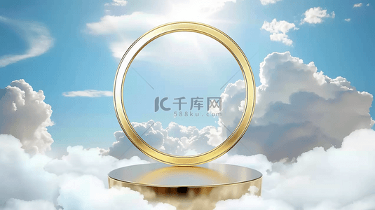 夏日3D电商云朵里的金色圆展台背景图