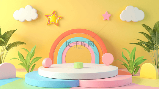 六一儿童节促销清新黄色3D彩虹展台设计图
