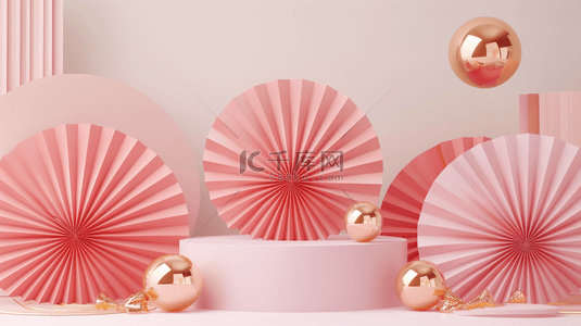 618粉白色中式扇子产品展示台背景图片
