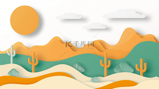 剪纸风夏天黄色沙漠沙丘仙人掌背景图片
