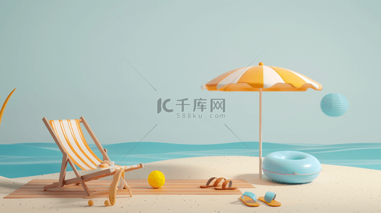 清新夏天3D海滩沙滩场景素材