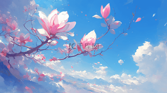 风景的背景背景图片_唯美蓝天白云下树枝花朵的背景