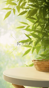 端午节中式竹林桌上的空竹筐背景素材