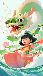 龙舟aigc背景图片_国风端午节划龙舟的小女孩背景素材