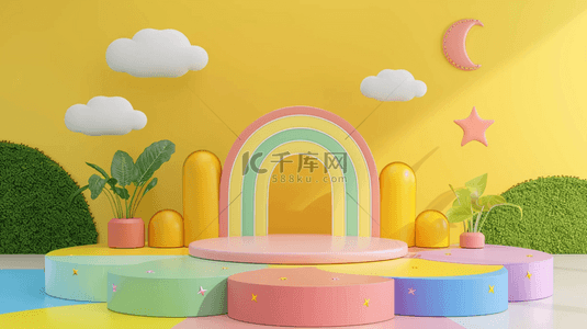 黄色促销背景图片_六一儿童节促销清新黄色3D彩虹展台背景图