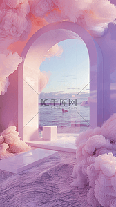 618浪漫背景图片_蓝粉色梦幻窗户风景概念空间场景素材