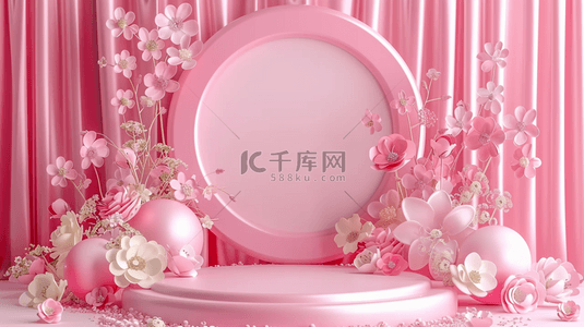 3D粉色质感花朵电商圆展台背景图片