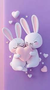 可爱小爱心背景图片_520两只可爱小兔子和爱心背景
