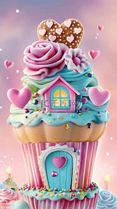 冰淇淋素材背景图片_六一儿童节卡通粉彩3D冰淇淋小屋子素材