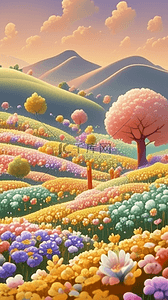 彩色背景图片背景图片_3D夏天开满山花的山坡背景图片