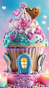 冰淇淋饮品背景图片_六一儿童节卡通粉彩3D冰淇淋小屋子图片