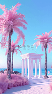清澈图片背景图片_蓝粉色概念空间海滩上的白色希腊亭子图片