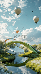 3D夏天户外拱桥热气球电商场景设计图