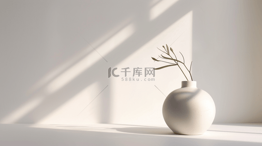 白色绿背景图片_白色空间花瓶绿植阳光照射墙面的背景