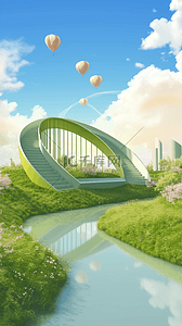 3D夏天户外拱桥热气球电商场景背景图片