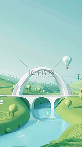 夏天抽象背景图片_3D夏天户外拱桥热气球电商场景图片