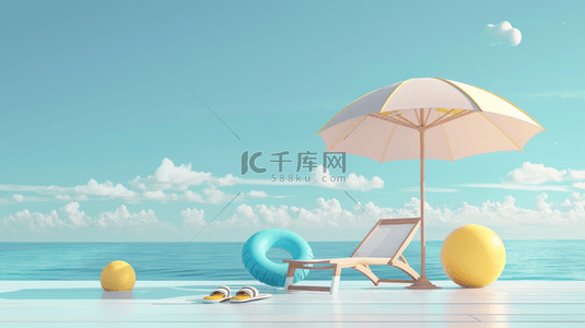 海滩遮阳伞背景图片_清新夏天3D海滩沙滩场景背景图