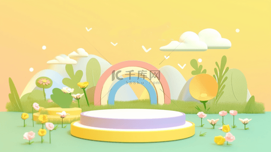 白云彩虹背景图片_六一儿童节促销清新黄色3D彩虹展台背景图
