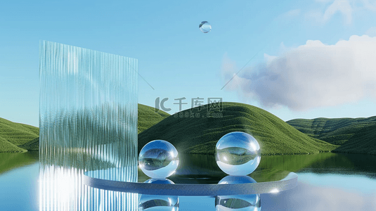 湖泊素材背景图片_清新夏日户外空间长虹玻璃3D圆球素材